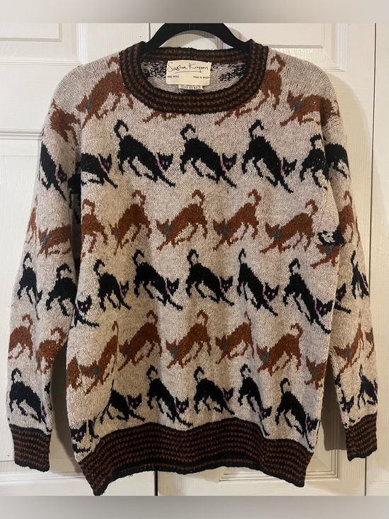 Sasha Kagan Sweaters - Sasha Kagan Vintage 1984 “Prowling Cats”100% Pure Shetland Sweater Handmade (M)